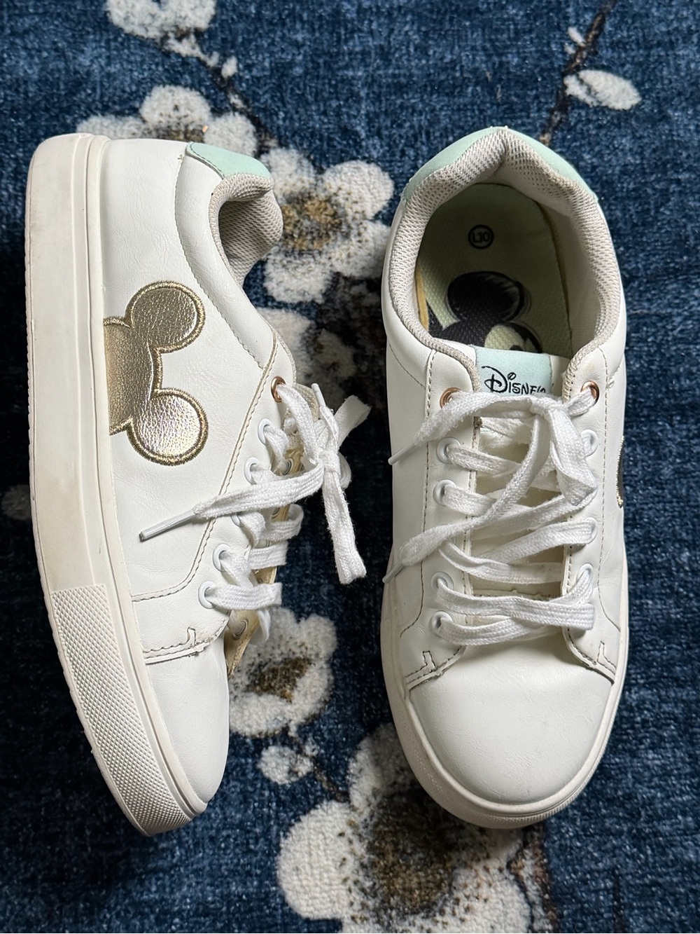 Disney White Sneakers with Gold Mickey Accent and Mint Trim